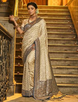 Navy blue color banarasi silk blend zari weaving work saree with blouese 1