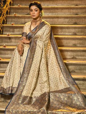 Navy blue color banarasi silk blend zari weaving work saree with blouese 3