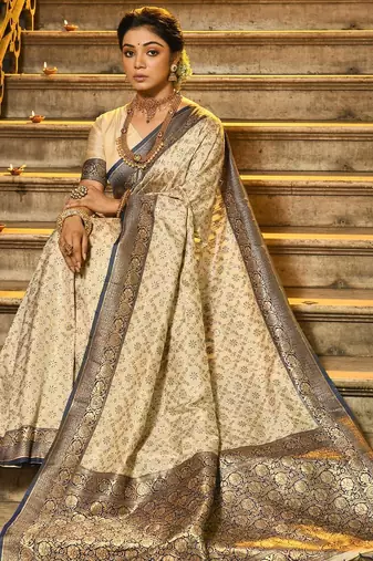 Navy blue color banarasi silk blend zari weaving work saree with blouese