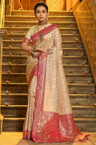 Pink color banarasi silk zari weaving work saree with blouese