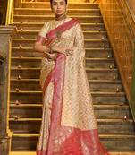 Pink color banarasi silk blend zari weaving work saree with blouese