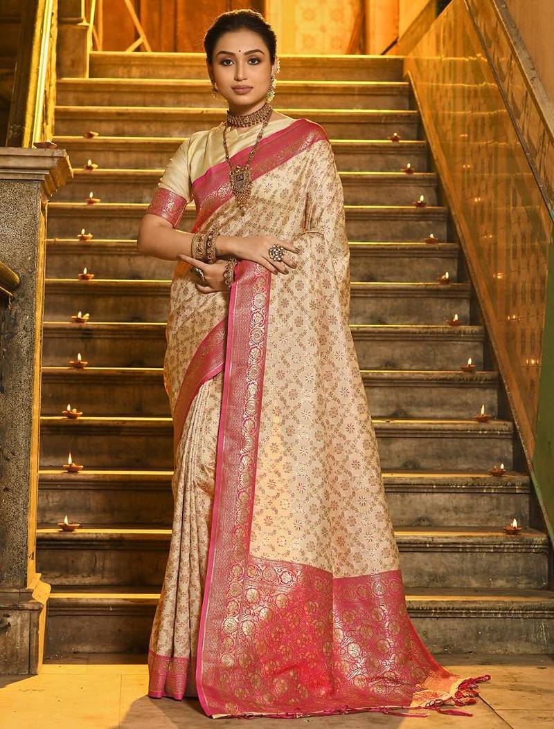 Pink color banarasi silk zari weaving work saree with blouese