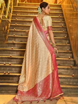 Pink color banarasi silk blend zari weaving work saree with blouese 3