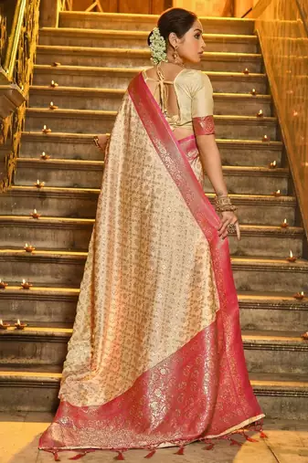 Pink color banarasi silk blend zari weaving work saree with blouese