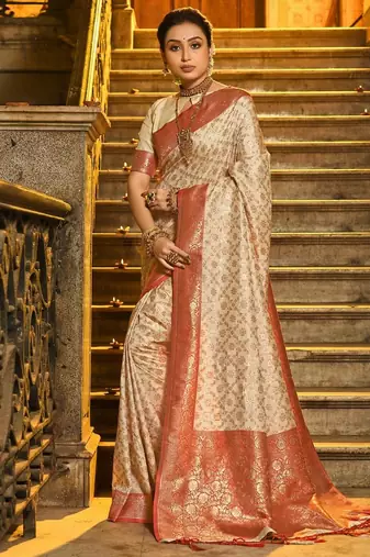 Red color banarasi silk zari weaving work saree with blouese