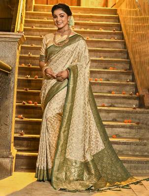 Dark green color banarasi silk blend zari weaving work saree with blouese 1