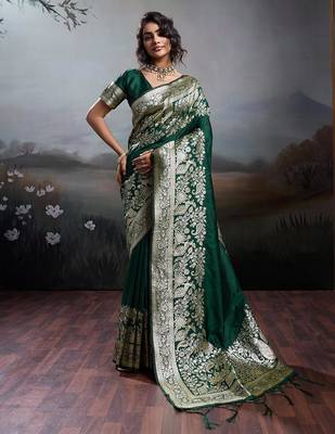 Dark green silk blend zari weaving work saree with blouese 1