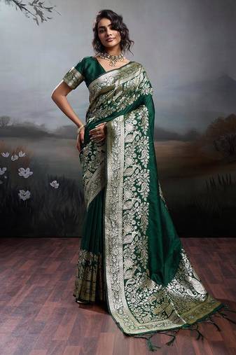 Dark green color silk blend zari weaving work saree with blouese