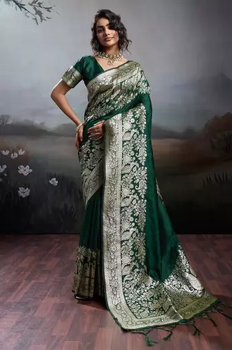 Dark green color silk blend zari weaving work saree with blouese