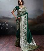 Dark green color silk blend zari weaving work saree with blouese