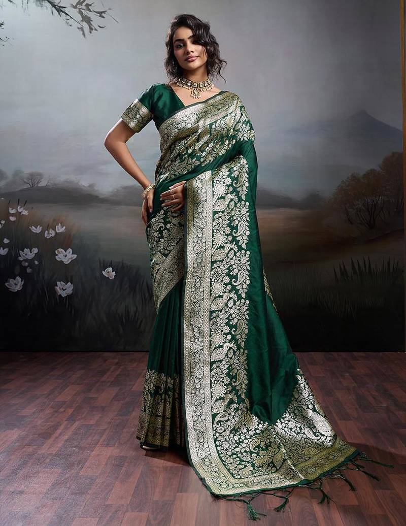 Dark green color silk blend zari weaving work saree with blouese
