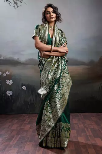 Dark green color silk blend zari weaving work saree with blouese