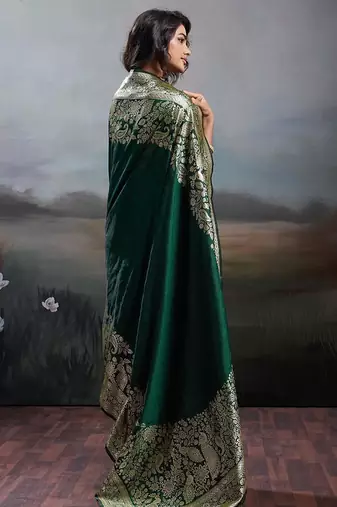 Dark green color silk blend zari weaving work saree with blouese