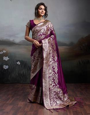 Wine color silk blend zari weaving work saree with blouese 1