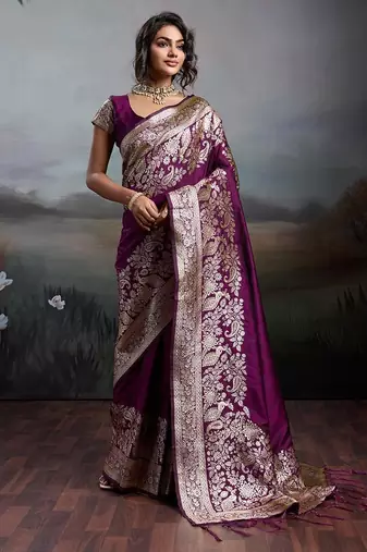 Wine color silk blend zari weaving work saree with blouese