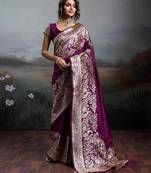 Wine color silk blend zari weaving work saree with blouese