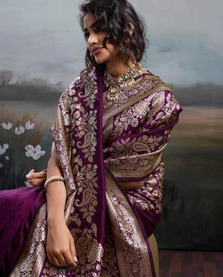 Wine color silk blend zari weaving work saree with blouese 2