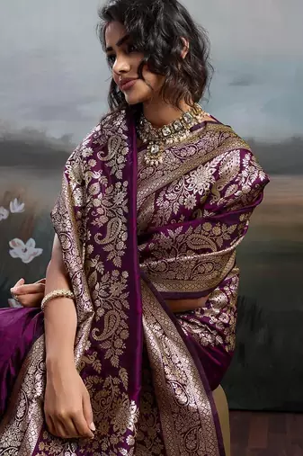 Wine color silk blend zari weaving work saree with blouese