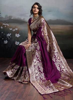Wine color silk blend zari weaving work saree with blouese 4