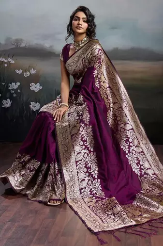 Wine color silk blend zari weaving work saree with blouese