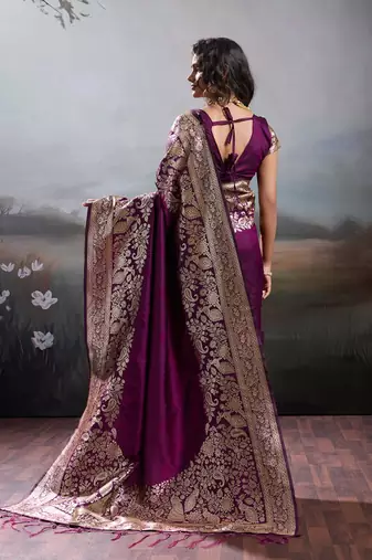 Wine color silk blend zari weaving work saree with blouese
