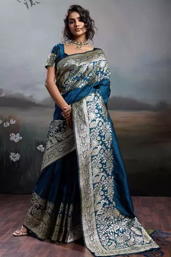 Navy blue color silk blend zari weaving work saree with blouese