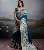 Navy blue color silk blend zari weaving work saree with blouese