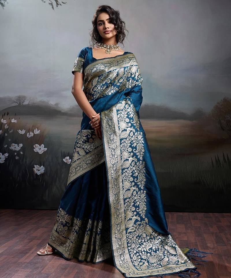 Navy blue color silk blend zari weaving work saree with blouese