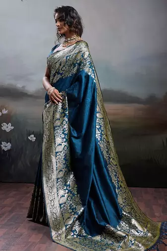 Navy blue color silk blend zari weaving work saree with blouese