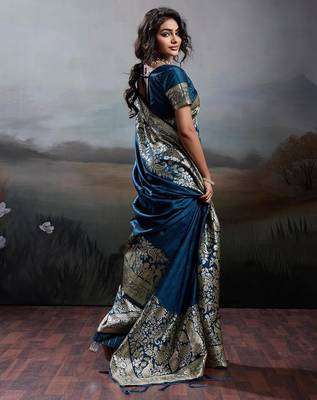 Navy blue color silk blend zari weaving work saree with blouese 5