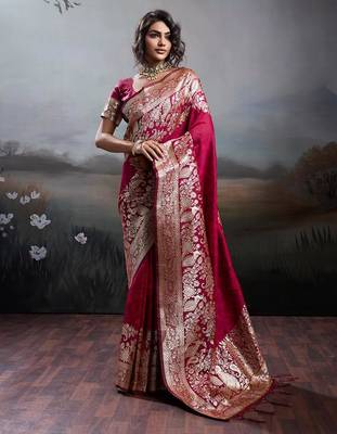 Maroon color silk blend zari weaving work saree with blouese 1