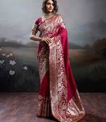 Maroon color silk blend zari weaving work saree with blouese