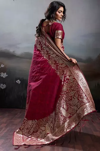 Maroon color silk blend zari weaving work saree with blouese