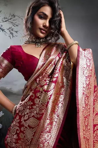 Maroon color silk blend zari weaving work saree with blouese