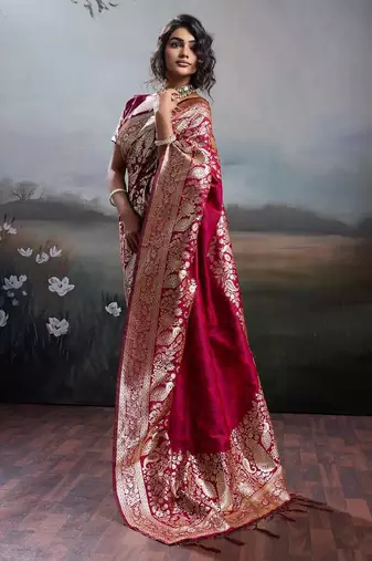 Maroon color silk blend zari weaving work saree with blouese