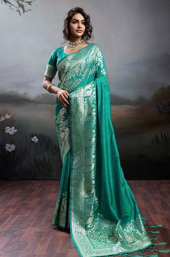 Rama green color silk blend zari weaving work saree with blouese