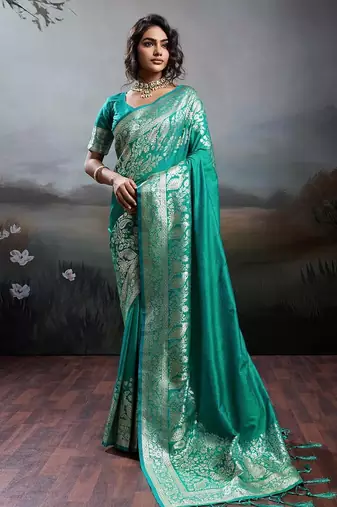 Rama green color silk blend zari weaving work saree with blouese