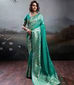 Rama green color silk blend zari weaving work saree with blouese