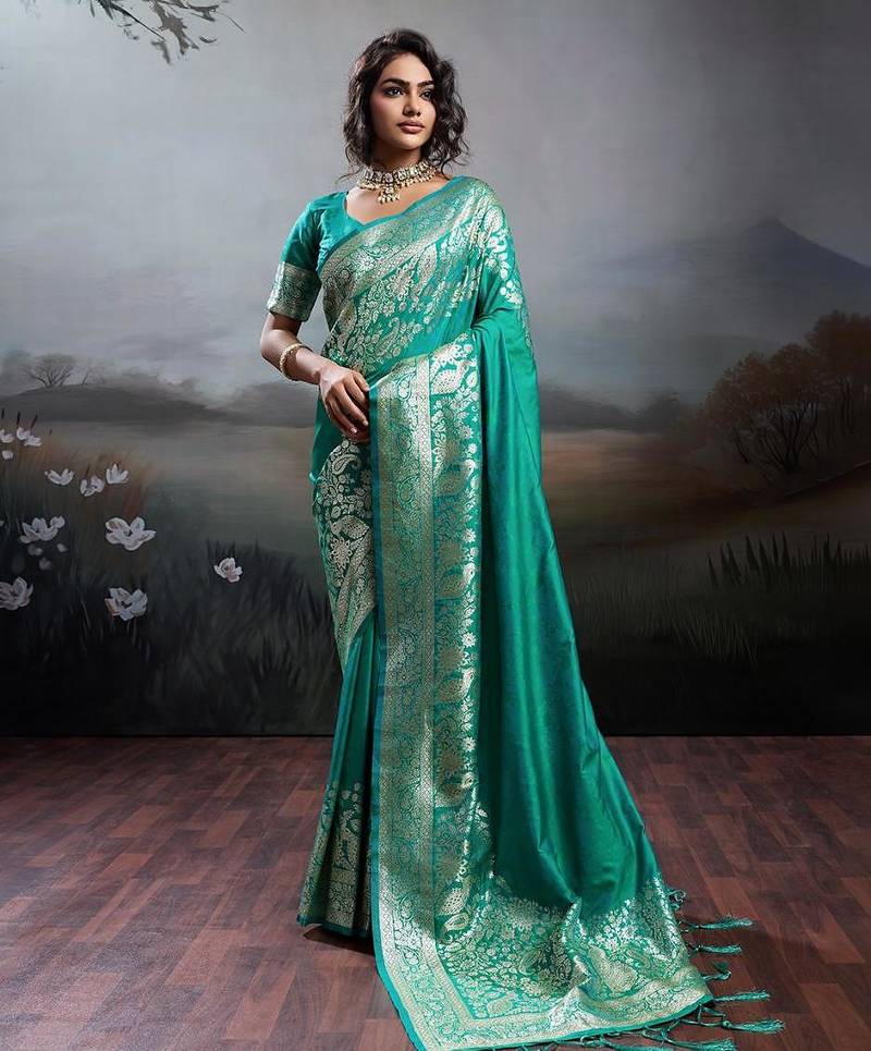 Rama green color silk blend zari weaving work saree with blouese