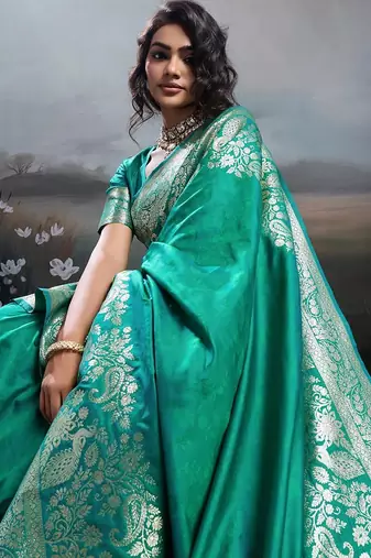 Rama green color silk blend zari weaving work saree with blouese