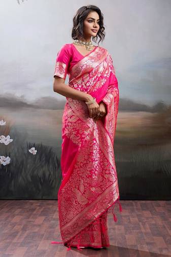 Pink color silk blend zari weaving work saree with blouese