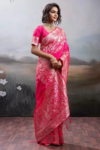 Pink color silk blend zari weaving work saree with blouese
