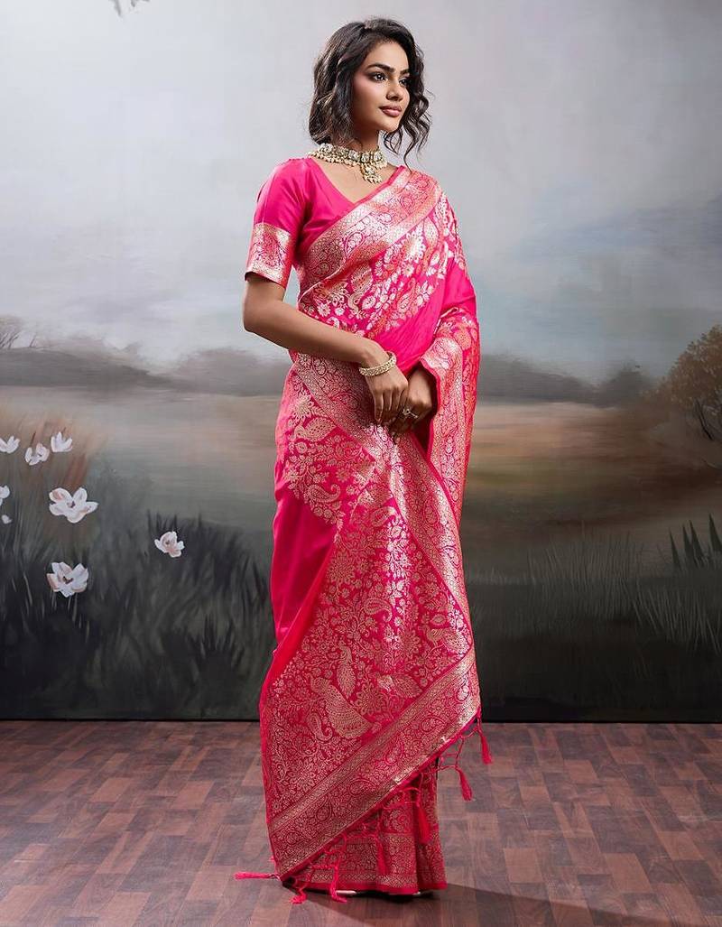 Pink color silk blend zari weaving work saree with blouese