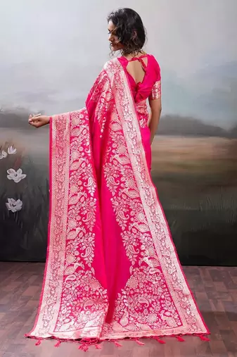 Pink color silk blend zari weaving work saree with blouese