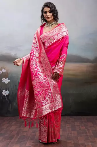 Pink color silk blend zari weaving work saree with blouese