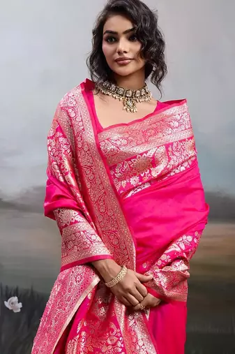 Pink color silk blend zari weaving work saree with blouese
