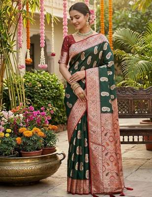 Green silk blend zari weaving work saree with blouse 1