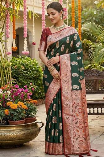 Green color silk blend zari weaving work saree with blouse