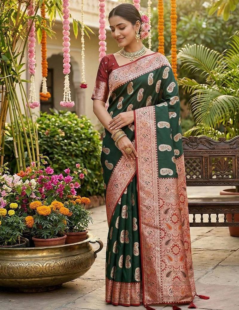 Green color silk blend zari weaving work saree with blouse