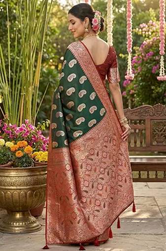 Green color silk blend zari weaving work saree with blouse